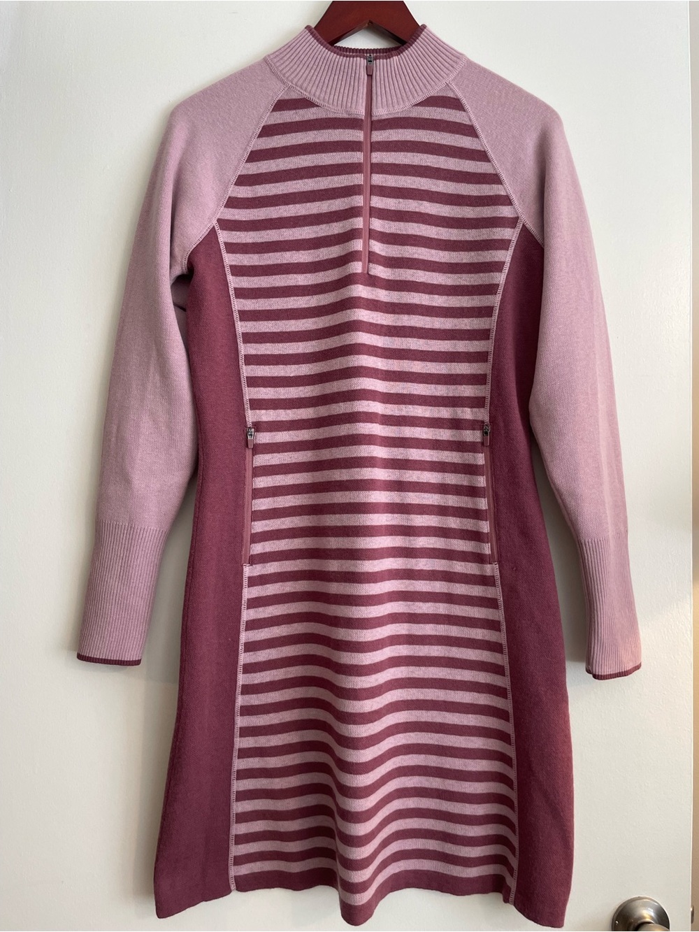 Title Nine Super Power quarter zip pink merino wool dress stripes NWOT